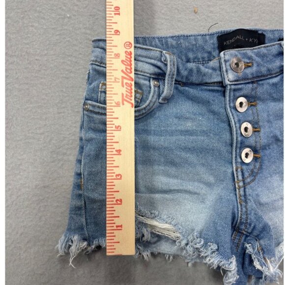 Kendall + Kylie 0/24 The Hipster Shorts Denim Distressed Frayed Hem Button Fly - Picture 7 of 10